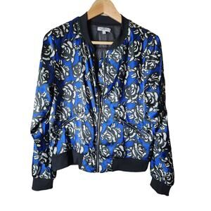 X by GOTTEX Blue Black White Floral Satin Y2K 90s Bomber Jacket SZ S